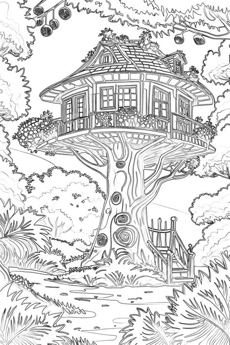 Chibi House, Treetop House, Wooden Tree House, Modele Zentangle, Tree House Drawing, Steampunk Coloring, Chibi Coloring Pages, Tree Coloring, Elevated Home