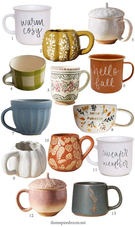 I have a thing for cute mugs. Do you, too? I found several adorable mugs online that are making me excited for all the fall experiences! Autumn Mugs Coffee Cups, Coffee Mug Pottery Painting Ideas, Fall Mugs Aesthetic, Autumn Ceramics Ideas, Fall Pottery, Fall Cups, Fall Coffee Mugs, Mug Inspiration, Autumn Mugs