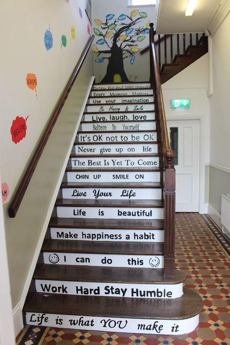 School DIY project. Motivational quotes. Stairs' steps painting Stair Quotes, Deco Violet, School Wall Decoration, Stair Art, School Hall, School Board Decoration, Work Hard Stay Humble, School Hallways, School Wall Art