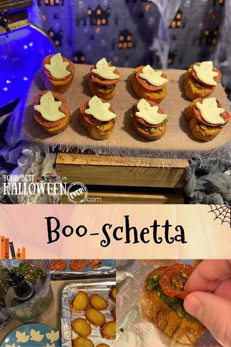 Halloween is coming - is your menu ready? Check out this fast and easy to follow recipe for spooky bruschetta with toasted French bread, roasted tomatoes, pesto made with fresh basil and pepitas, and mozzarella slices cut to look like ghosts! Spooky Bruschetta, Bruschetta Halloween, Ghost Bruschetta, Halloween Italian Food, Mozzarella Ghosts, Halloween Bruschetta, Toasted French Bread, Halloween Bunco, Halloween Potluck