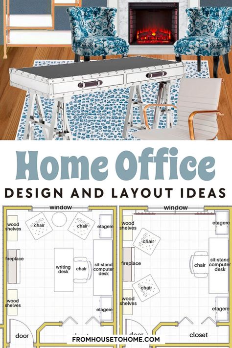 2 Chairs Sitting Area Office, Sitting Room With Computer Desk, Office With Desk In Middle Of Room, Front Room Office And Sitting Area, Home Office Furniture Layout, Home Office Layout Ideas, Blue Home Office, Office Layouts, Blue Home Offices