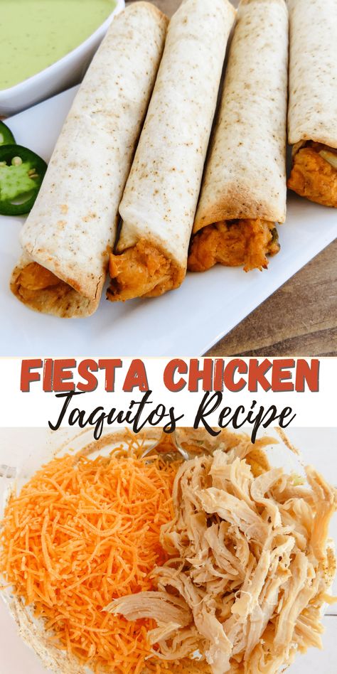 Taquitos Chicken And Cheese, Chicken And Cheese Taquitos, Chicken Taquitos Recipe, Cheese Taquitos, Homemade Taquitos, Taquitos Recipe, Fiesta Chicken, Chicken Taquitos, Cheese Chicken