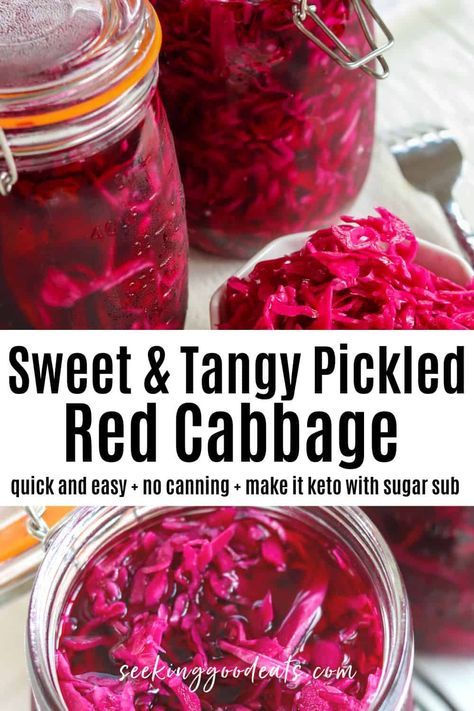 The perfect blend of tangy and sweet. This delicious pickled red cabbage is so easy to make! Marinated Red Cabbage, Sweet Pickled Red Cabbage, Purple Cabbage Canning, Pickled Red Cabbage Canning, Canned Pickled Red Cabbage Recipe, Easy Pickled Cabbage Recipe, How To Pickle Red Cabbage, Canning Recipes For Cabbage, Pickles Red Cabbage