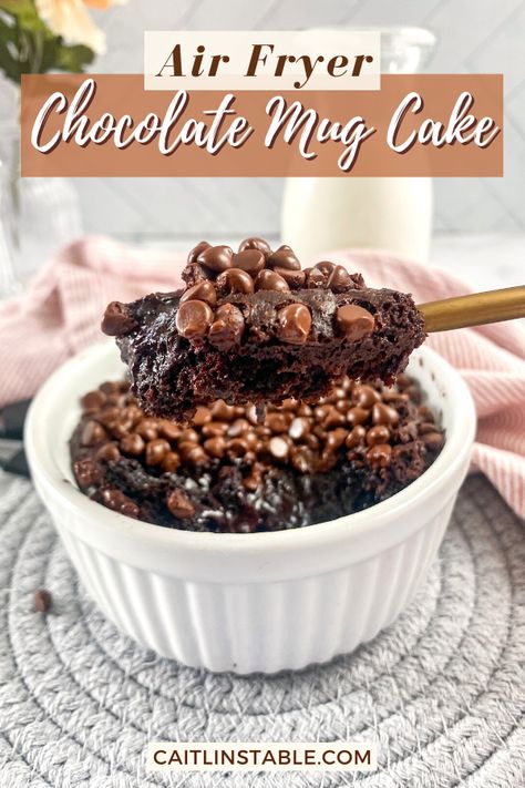 Not only is this air fryer chocolate mug cake the perfect single serving size, but it’s also incredibly easy to make! #AirFryer #Chocolate #MugCake Air Fryer Single Serve Cake, Chocolate Mug Cake Air Fryer, Single Serving Air Fryer Recipes, Airfryer Mug Cake Recipes, Single Serve Air Fryer Dessert, Airfryer Mug Cake, Single Serve Air Fryer Recipes, Air Fryer Mug Cake, Mug Cake Airfryer