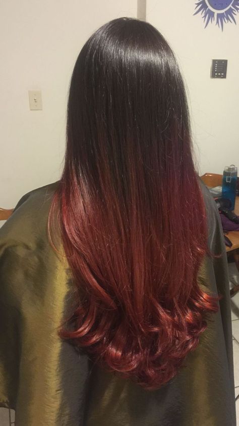 Hair Color On The Ends, Colouring Hair Ideas, Dark Cherry Red Hair Highlights, Hair Color On Tips Of Hair, Hair Color Red Ideas, Red Hair At The Ends, Red Hair For Black Hair, Brown Into Red Ombre, Brunette Red Ombre Hair