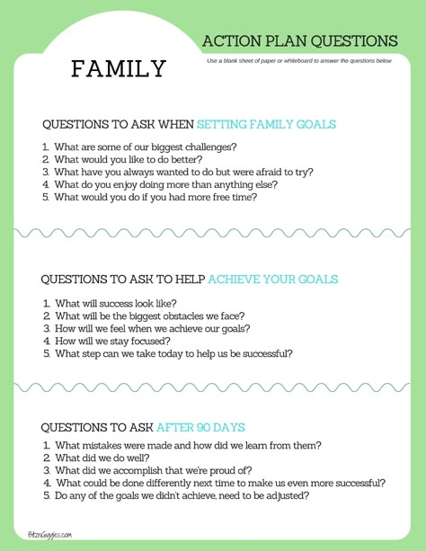 Family Goal Setting Printable - Free 90-day action plan printable to help your family set manageable goals you can work together to achieve. Family Goal Planning Free Printable, Family Meeting Questions, Setting Family Goals, How To Reset Your Family, Goal Setting For Families, Family Meeting Template Free Printables, Family Goal Setting Worksheet, Family Goal Planning, Family Yearly Planning