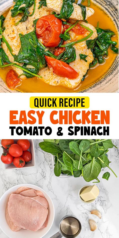 Embrace the harmony of flavors with this quick Tomato Spinach White Wine Chicken recipe. In just 30 minutes, you can enjoy chicken breast cooked in a buttery white wine sauce, enriched with the addition of fresh tomatoes and spinach. A perfect meal for when you crave something delicious yet easy. Chicken Spinach Tomato Recipe, Chicken With Spinach And Tomatoes, Quick Chicken Stir Fry, Spinach Stuffed Chicken Breast, Garlic White Wine Sauce, White Wine Chicken, Wine Chicken, Stuffed Chicken Breast Spinach, Spinach Chicken