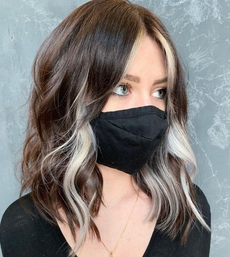 A Few Streaky Contrasting Blonde Highlights Short Brown With Money Piece, Dark Hair Color Balayage Ideas, Lob With Peekaboo Highlights, Brown Hair Platinum Money Piece, Block Highlights Hair, Blonde Wolf Cut With Bangs, Platinum Blonde Peekaboo, Platinum Peekaboo Hair, Gray Peekaboo Hair