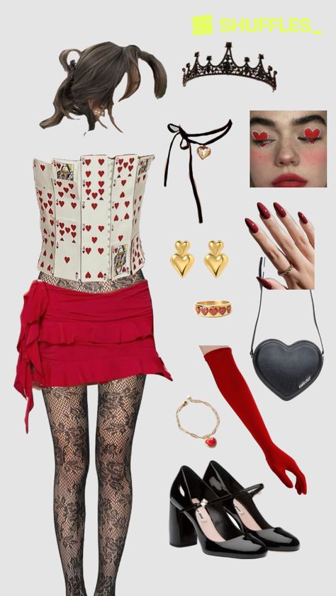 Queen Of Hearts Costume Rave, The Red Queen Costume, Red Queen Costume Alice In Wonderland, Queen Of Hearts Costume Aesthetic, Alice In Wonderland Queen Of Hearts Costume, Red Queen Outfit, Red Queen Halloween Costume, Queen Of Hearts Outfit Ideas, Queen Of Hearts Costume Ideas