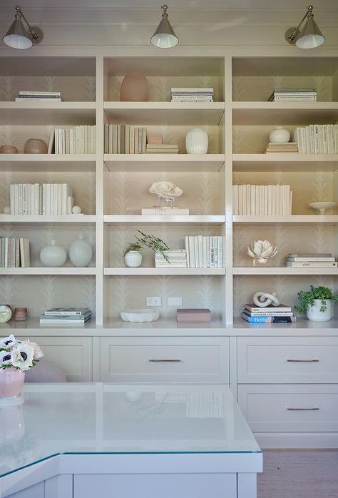 Pink Wallpaper on Back of Built Ins - Transitional - Den/library/office