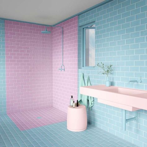 This is a cotton candy themed bathroom Colorful Bathroom Ideas Bright, Pastel Bathroom Ideas, Candy Bathroom, Bathroom Designs 2023, Bathroom Tile Design Ideas, Pastel Bathroom, Pastel Interior Design, Tile Design Ideas, Pastel Interior