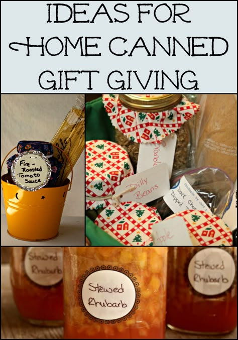 Use these ideas for home canned gift giving and make the most of those summer preservation sessions to save time later. Gifting Canned Goods, Preserves Gift Basket Ideas, Preserve Gift Basket, Decorating Canned Goods For Gifts, Canning Gift Basket Ideas, Canned Goods Gift Basket, Homemade Jelly Gift Basket Ideas, Canning Gift Ideas, Canned Gifts Homemade