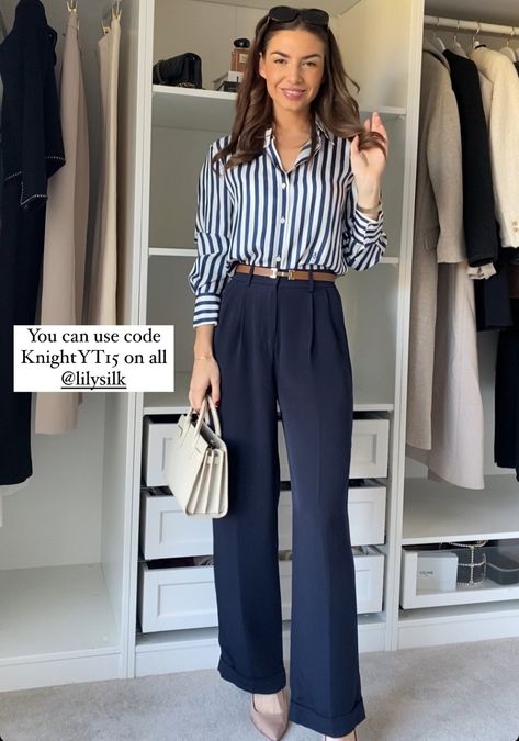 Blue Formal Pants Outfit For Women, Outfits For Navy Blue Pants, Blue Shirt Office Outfit, Blue Slacks Outfit Women, Blue Pants Outfit, Formal Casual Outfits, Pant Outfits For Women, Slacks Outfit, Sophisticated Wardrobe