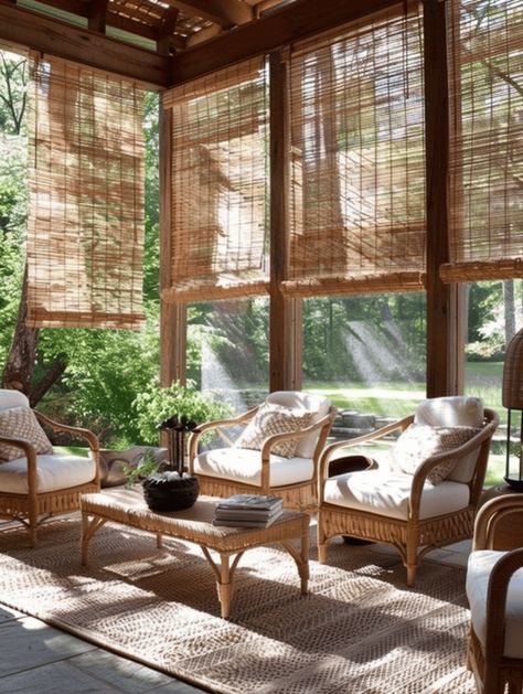 17 Airy Boho Sunroom Designs to Create Your Perfect Relaxation Spot 4 Season Sunroom Ideas, Boho Sunroom, Curtains For Windows, Sunroom Windows, Bedroom Guide, Sunroom Addition, Bamboo Curtains, Sunroom Designs, Wallpaper Walls Decor