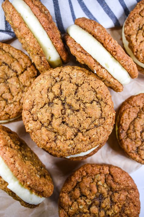 Homemade oatmeal cream pies! This easy oatmeal cream pies recipe features a pair of soft oatmeal cookies, with smooth, sweet creme sandwiched in the middle. A nostalgic homemade version of a childhood favorite. Crumbl Oatmeal Cream Pie, Homemade Oatmeal Cream Pies Healthy, How To Make Oatmeal Cream Pies, Little Debbie Oatmeal Cream Pies Recipe, Best Oatmeal Cream Pies, Oatmeal Crème Pies, Copycat Oatmeal Cream Pies, Oatmeal Sandwich Cookies Cream Pies, Oatmeal Creme Pie Recipe