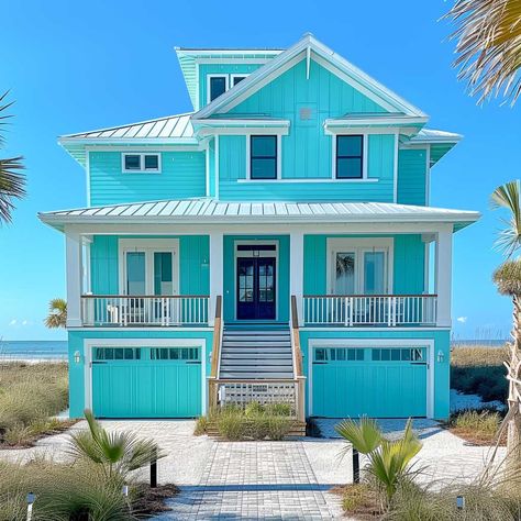 3+ Bright and Inviting Exterior Color Combinations with Turquoise and Alabaster White • 333+ Images • [ArtFacade] Teal House Paint Exterior, Aqua Blue House Exterior, Stilted Beach House, Aqua House Exterior, Light Teal House Exterior, Colorful Houses Exterior Bright, Florida Keys House, Carribean Decor, Exterior Beach House Colors