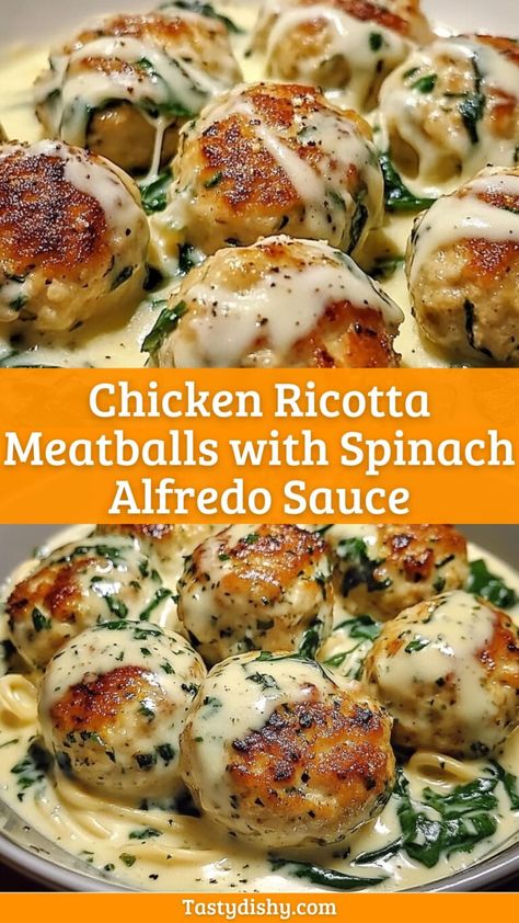 Delicious Chicken Ricotta Meatballs with Creamy Spinach Alfredo Sauce - Delicious Recipes - Easy Cooking Ideas and Tasty Dishes Easy Dinner With Spinach, Healthy Dinner With Meatballs, Food To Make Him Fall In Love, Chicken Ricotta Meatballs With Alfredo Sauce, Healthy Family Meals Chicken, Crockpot Ricotta Meatballs, Meatballs Main Dish, Cheesy Chicken Meatballs, Healthy Meatball Sauce Recipe