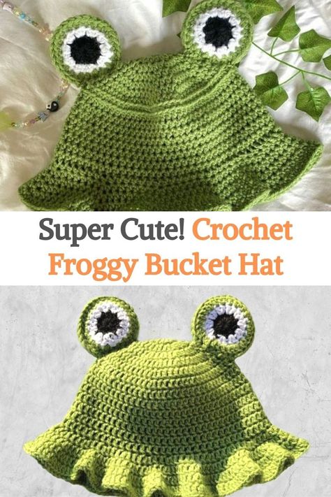 Frog Crochet Pattern Free Hat, Funny Hat Crochet Pattern Free, Froggy Hat Crochet Pattern, Crochet Frog Beanie Free Pattern, Free Frog Hat Crochet Pattern, Cute Crochet Bucket Hat Free Pattern, Frog Crochet Hat Pattern Free, How To Crochet Frog Hat, Crochet Froggy Hat