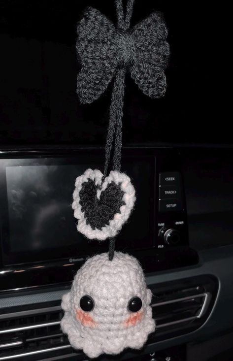 Spooky Ghost car hanger! 👻🖤 Use code: LOCAL20 for LOCAL pickup ONLY!  * Please give me about 2-3 days to ship out!   * Care instructions will be with package. 📦 Crochet Halloween Car Hanger, Crochet Ghost Car Hanger, Spooky Car Interior, Crochet Car Items, Cute Stuff To Buy Accessories, Small Halloween Crochet Projects, Crochet Plushies Free Pattern, Car Crochet Accessories, Car Hanger Crochet