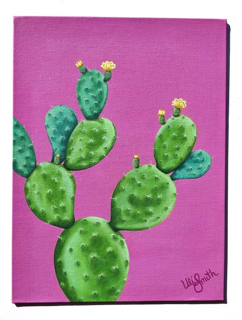 Cactus painting with yellow flowers and bright magenta background. Painting Cactus Acrylic, Textured Cactus Painting, Canvas Art Painting Cactus, Cactus On Black Canvas, Trippy Cactus Painting, Cactus Painting, Commission Painting, Custom Murals, Cactus Art