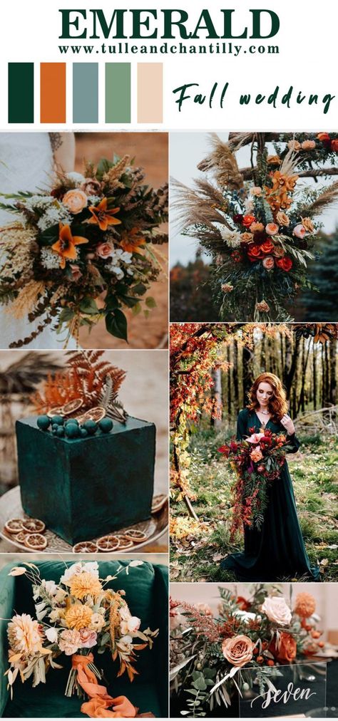 5 Striking Emerald Combinations Wedding Color Palettes | Tulle & Chantilly Wedding Blog Dark Teal Weddings, Green Fall Weddings, Emerald Wedding Colors, Emerald Green Wedding Theme, Hunter Green Wedding, Forest Green Wedding, Dark Green Wedding, Fall Wedding Color Schemes, Rusting Wedding