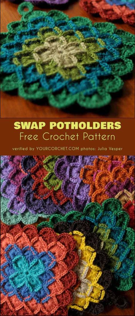 Swap Potholders Free Crochet Pattern #freecrochetpatterns #crochetpotholder Potholders Crochet, Wine Cozy, Crocheted Potholders, Yarn Cakes, Crochet Pot Holders Free Pattern, Crochet Valentine, Granny Stripe, Crochet Potholder Patterns, Stripe Blanket