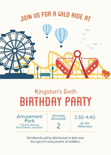 Amusement Park Invitation, Amusement Park Poster Design, Roller Coaster Party, Amusement Park Party, Carnival Invitation Template, Carnival Birthday Party Invitations, Gold Reef City, Carnival Prom, Digital Birthday Invitations