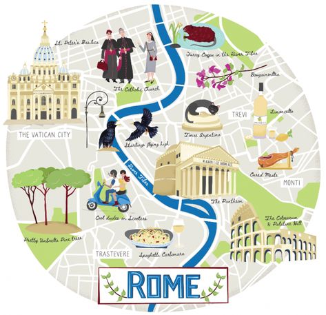 Illustrated map of Rome, Italy - Bek Cruddace Illustration Map Of Rome, Map Illustrations, Rome Map, Textures Architecture, Illustrated Maps, Business Cartoons, Road Trip Map, China Map, Hand Drawn Map