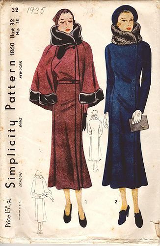 Coat Sewing, Patron Vintage, Coat Pattern Sewing, Fashion Illustration Vintage, Fur Coat Vintage, 30s Fashion, Vintage Dress Patterns, 1930s Fashion, Coat Patterns