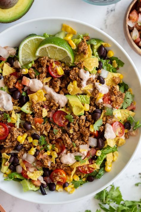 Taco Vegan Recipes, Taco Salad Vegan, Tofu Taco Salad, Taco Salad Vegetarian, Crockpot Recipes Vegan, Vegan Protein Salad, Wfh Lunch, Vegetarian Taco Salad, Gina Livy