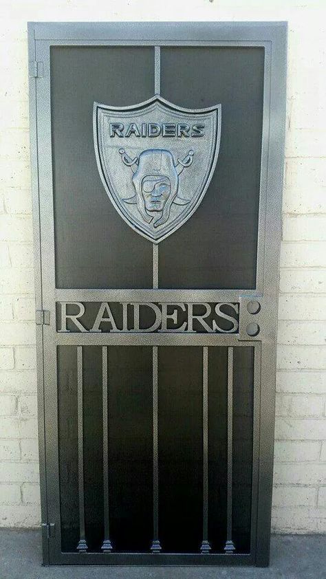 Raiders Screen Door - football nfl man cave decor Oakland Raiders Man Cave Ideas, Raiders Man Cave, Nfl Man Cave, Raiders Gifts, Oakland Raiders Fans, Raiders Stuff, Oakland Raiders Logo, Wrought Iron Door, Raiders Baby