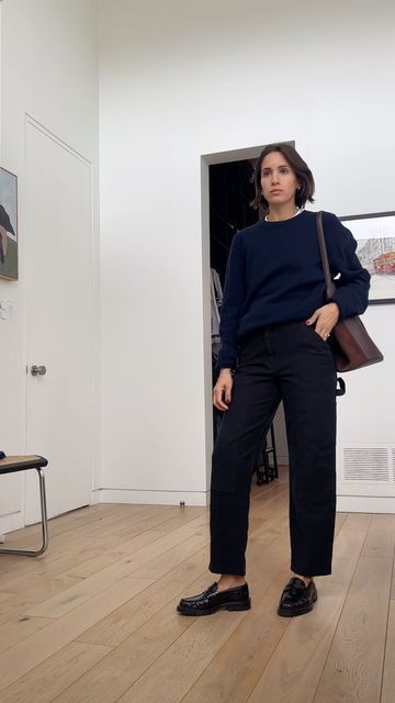 Cassandra Lanrick on Instagram: "Day 11/90 Sweater: @cosstores men’s Pants: @aritzia Shoes: @zara Bag: @jcrew #jcrew#cos#loafers#howtostyle#fallfashion#momstyle#over30style#getreadywithme#blackandnavy" Zara Loafers Outfit, Low Contrast Outfits, Wfh Fits, Loafers Outfit Casual, Black Loafers Outfit, Minimalist Winter Outfit, Contrast Outfit, Zara Loafers, Minimalist Outfits