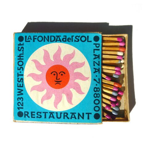 La Fonda del Sol Matchbook | Photo: Fab.com Visuell Identitet, Menue Design, Alexander Girard, Vitra Design Museum, Vitra Design, Matchbox Art, Restaurant Logo, Hieronymus Bosch, Trik Fotografi