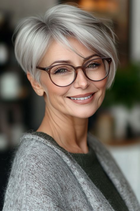 30. Side-Parted Crop in Soft Gray (Short Hairstyles For Women Over 60 With Glasses) - Short Hairstyles For Women Over 60 With Glasses Wavy Pixie, Layered Bob Short, Hairstyles For Women Over 60, Champagne Blonde, Sandy Blonde, Silver Blonde, Short Curly Bob, Perfect Hairstyle, Short Wavy Hair