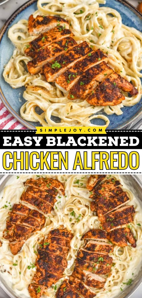 Looking for more simple chicken dinner recipes? Whip up this blackened chicken alfredo pasta! In less than 25 minutes, you can have an easy main dish for dinner combining fettuccine alfredo and blackened chicken that's made with cajun seasoning! Seasoning For Chicken Alfredo, Cajun Chicken Pasta Fettuccine, Chicken For Alfredo How To Season, Easy Blackened Chicken Alfredo, Chicken Alfredo Chicken Seasoning, Blacken Chicken Pasta, Blacken Chicken Alfredo, Blacken Chicken Alfredo Recipe, Blackened Chicken Alfredo Recipe