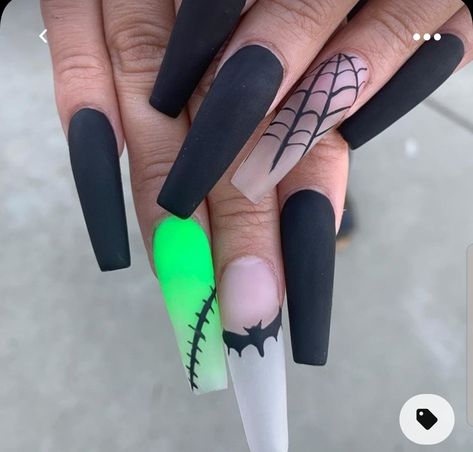 Halloween Nails Acrylic, Black Halloween Nails, Holloween Nails, Spooky Nails, Nails Medium Length, Halloween Acrylic, Cute Halloween Nails, Halloween Acrylic Nails, Nails Acrylic Coffin