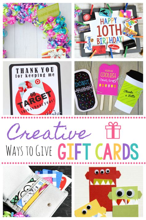 Creative Ways to Give Gift Cards-Fun DIY Gift Card Giving Ideas #giftcards #giftcardideas #gifts Give Gift Cards Creative, Gift Ideas With Gift Cards, Teacher Birthday Gift Card Ideas, Diy Gift Card Holder Ideas Birthday, Gift Card Ideas For Birthdays Friends, Wrap Gift Cards Creative, Gift Card Presentation Teacher, Diy Giftcards Ideas Birthday, Homemade Gift Cards