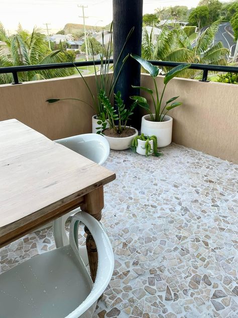 Balcony Tiles Floors, Balcony Transformation, Diy Shaker Door, Countertops Black, Balcony Tiles, Budget Makeover, White Concrete Countertops, Countertops Concrete, Balcony Flooring