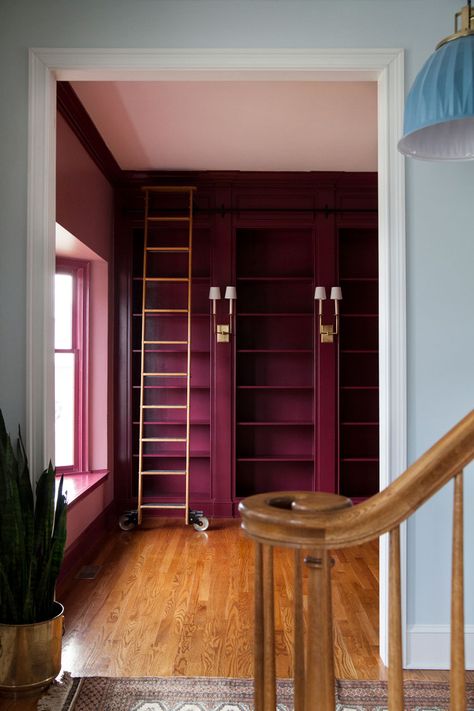 Rasberry Wall Paint, Raspberry Interior Design, Deep Pink Walls, Studio Paint Color Ideas, Jewel Paint Colors, Raspberry Paint Color, Fuschia Room, Moody Bookshelves, Raspberry Walls