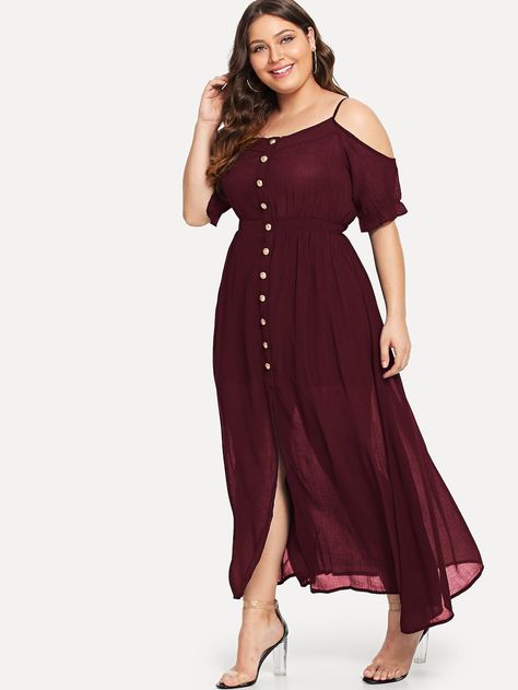 Plus Open Shoulder Single Breasted Dress -SheIn(Sheinside) Open Shoulder Dress, Cold Shoulder Styles, Summer Dresses For Wedding Guest, Half Sleeve Dresses, Chiffon Maxi, Chiffon Maxi Dress, Outfits Summer, Plus Size Casual, Plus Size Dress