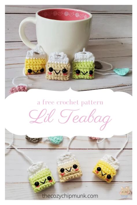 Lil Teabag - The Cozy Chipmunk Towel Toppers, Crochet Coffee, Mini Amigurumi, Crochet Bookmark Pattern, Crochet Geek, Crochet Food, Kawaii Crochet, Crochet Amigurumi Free Patterns, Crochet Amigurumi Free