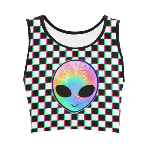 Alien Crop Top, Trippy Clothes, Alien Clothes, Fitted Crop Top, Tunnel Of Love, Pastel Goth Fashion, Heart Clothes, High Fashion Outfits, Workout Crop Top