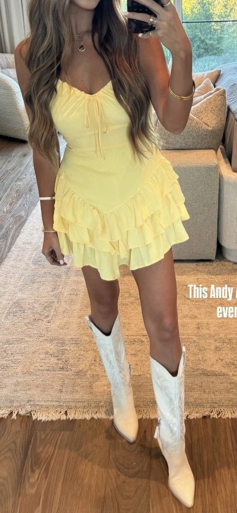 Yellow Dress With Cowboy Boots, Yellow Western Dress, Dress With Cowboy Boots, Dresses With Cowboy Boots, Western Dress, Cowboy Outfits, Western Dresses, Dress Outfit, Winter 2024