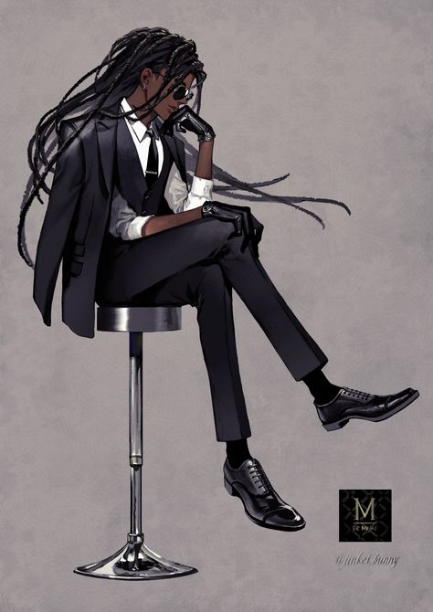 Black Man In Suit Character Art, Cool Black Character Design, Bartender Oc Male, Character In Suit Art, Suit Oc Male, Male Nun Oc, Rockstar Oc Male, Male Oc In Suit, Black Swordsman Oc