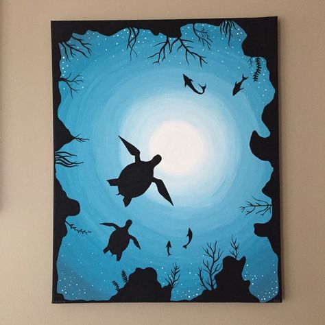 Monochromatic Painting Ideas Simple, Painting Ideas Shadow, Monochromatic Blue Painting, Ocean World Art, Easy Monochromatic Painting, Silloute Painting, Silouttes Art Painting, Monochromatic Drawing Ideas, Silluet Paintings