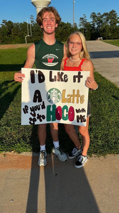 Starbucks Themed Hoco Proposal, Starbucks Dance Proposal, Hoco Poster Ideas Starbucks, Homecoming Proposal Ideas Starbucks, Hoco Proposal For Book Lovers, Wizard Of Oz Hoco Proposals, Homecoming Signs Ideas, Starbucks Promposal Ideas, Sunflower Homecoming Proposal