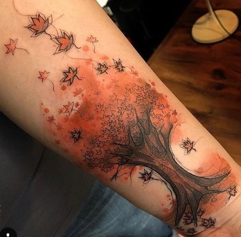 Stories Tattoo, Maple Leaf Tattoos, Maple Tree Tattoos, Fall Leaves Tattoo, Blatt Tattoos, Pumpkin Tattoo, Autumn Tattoo, Men Tattoos Arm Sleeve, Watercolor Tattoos