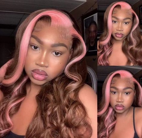 Brown Skunk Stripe, Brown And Pink Hair, Body Wave Frontal, Skunk Stripe, Pink Streaks, Hair Patterns, Synthetic Lace Wigs, Hair Color Pink, Colored Wigs