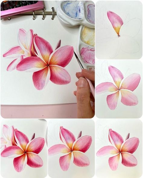 Watercolor Painting Online Coach on Instagram: "New tutorial in the making 🤩 Plumeria flower 🌸 Calmer and longer painting process after few sketchbook pages ❤️ Why playing around with easier and looser painting is helping realistic painting technique: 🌸Loosening up to get freer brushwork 🌸Playing around with watercolors with different painting styles can help find your style 🌸Faster results will boost dopamine which later can give you greater concentration level 🤩🤩🤩 Are you trying different painting styles and approaches? 🥰" Plumeria Watercolor Painting, Frangipani Flower Painting, Plumeria Flowers Painting, Realistic Flower Painting, Flower Painting Techniques, Plumeria Painting, Different Painting Styles, Plumeria Watercolor, Boost Dopamine