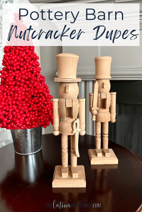 Stained Nutcracker, Wood Nutcracker Diy, Farmhouse Nutcracker, Pottery Barn Christmas Decor Inspiration, Dollar Tree Nutcracker Diy, Diy Pottery Barn Decor, Christmas Candleholders, Diy Nutcracker, Pottery Barn Diy